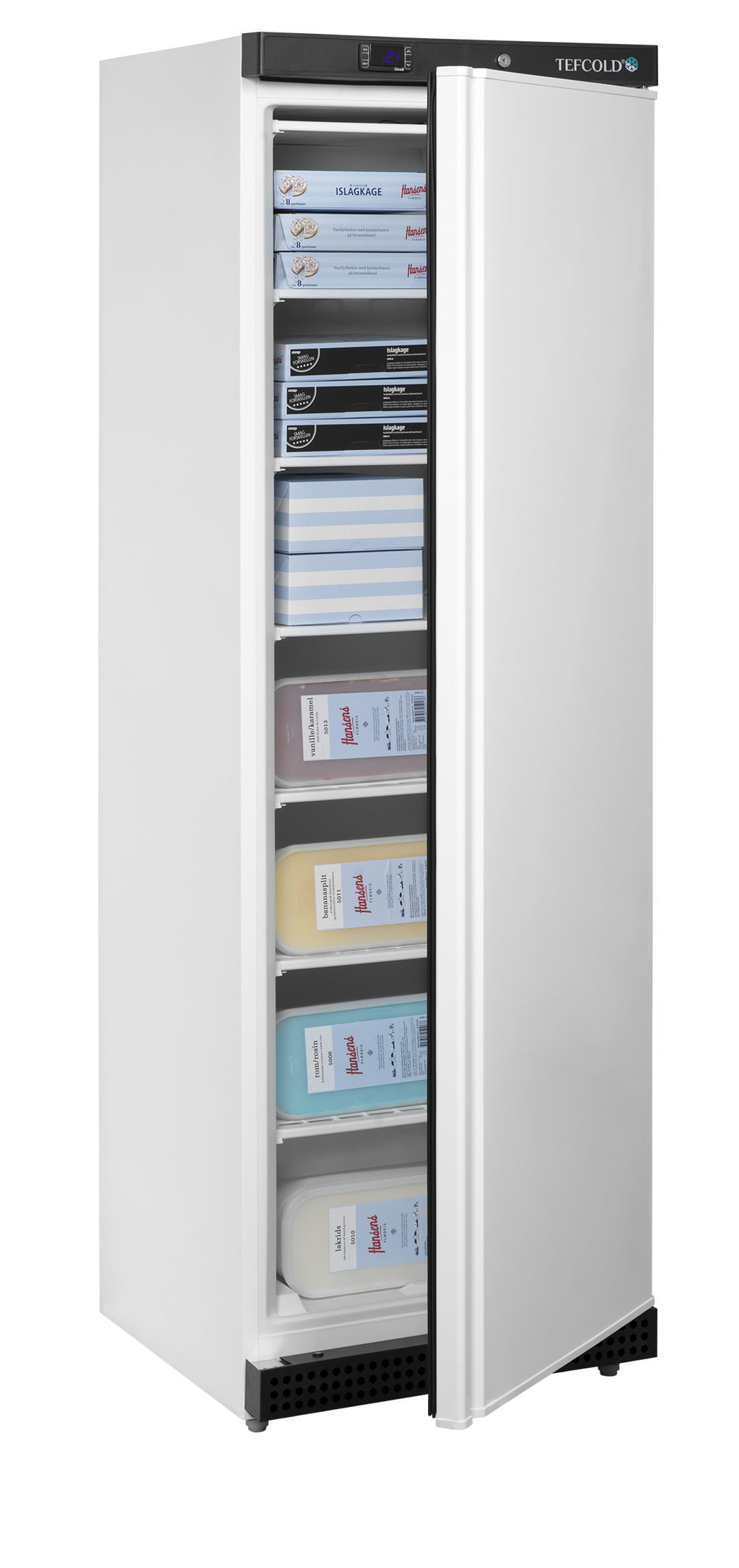 TEFCOLD UF400 – geopende vriezer met voorbeeldinrichting; levensmiddelen niet inbegrepen