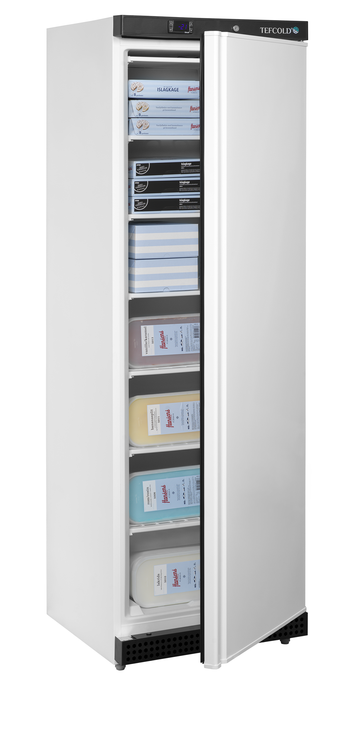 TEFCOLD UF400 – geopende vriezer met voorbeeldinrichting; levensmiddelen niet inbegrepen