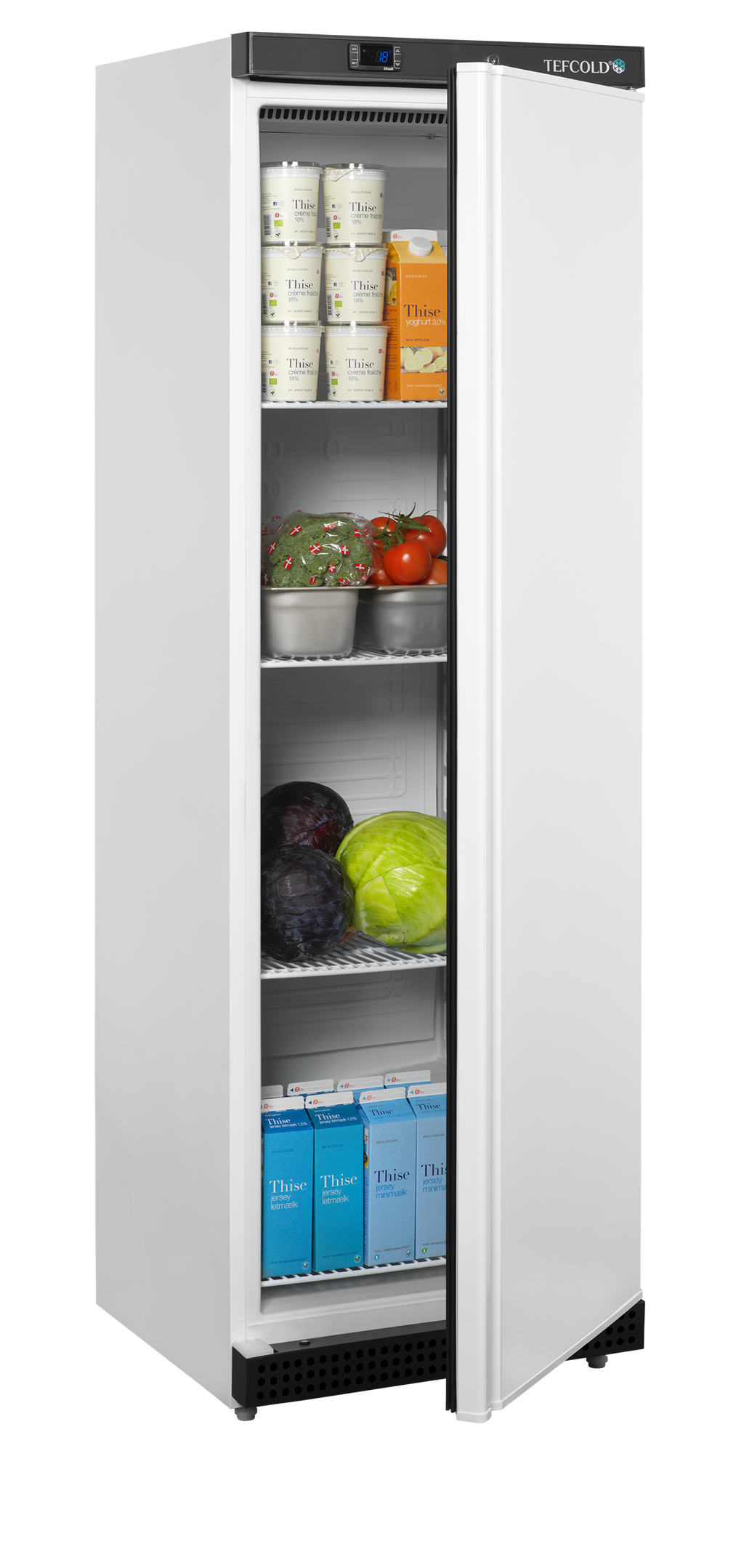 TEFCOLD UR400W1 – geopende koelkast met voorbeeldinrichting; levensmiddelen niet inbegrepen