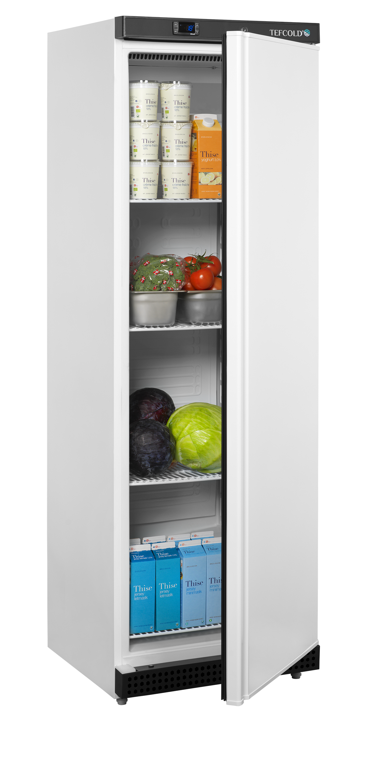 TEFCOLD UR400W1 – geopende koelkast met voorbeeldinrichting; levensmiddelen niet inbegrepen